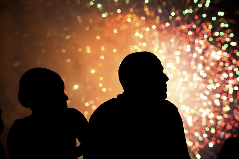 President Obama and First Lady Michelle Obama watch fireworks from the roof of the the White House